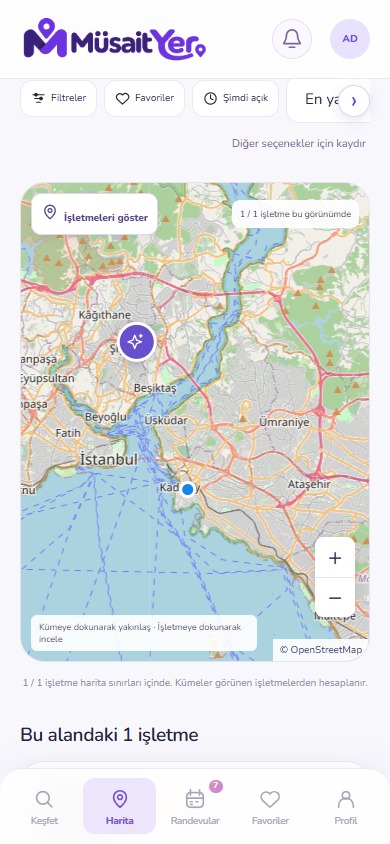 MüsaitYer Explore businesses mobile screen